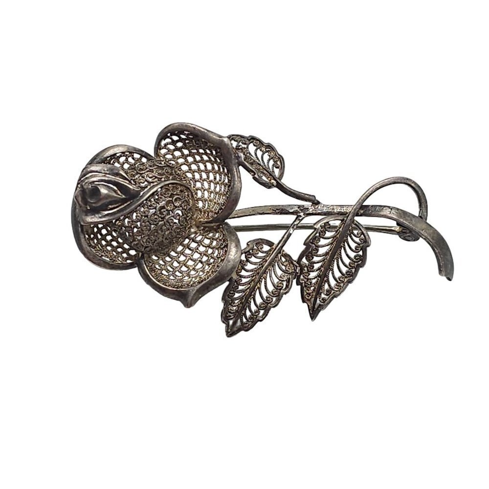 West Germany Sterling Silver Filigree Rose Flower Brooch Pin Vintage